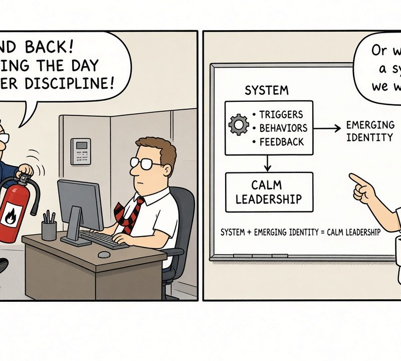 Two-panel office comic comparing sheer-discipline firefighting with System + Emerging Identity = Calm Leadership — Momentum People Solutions