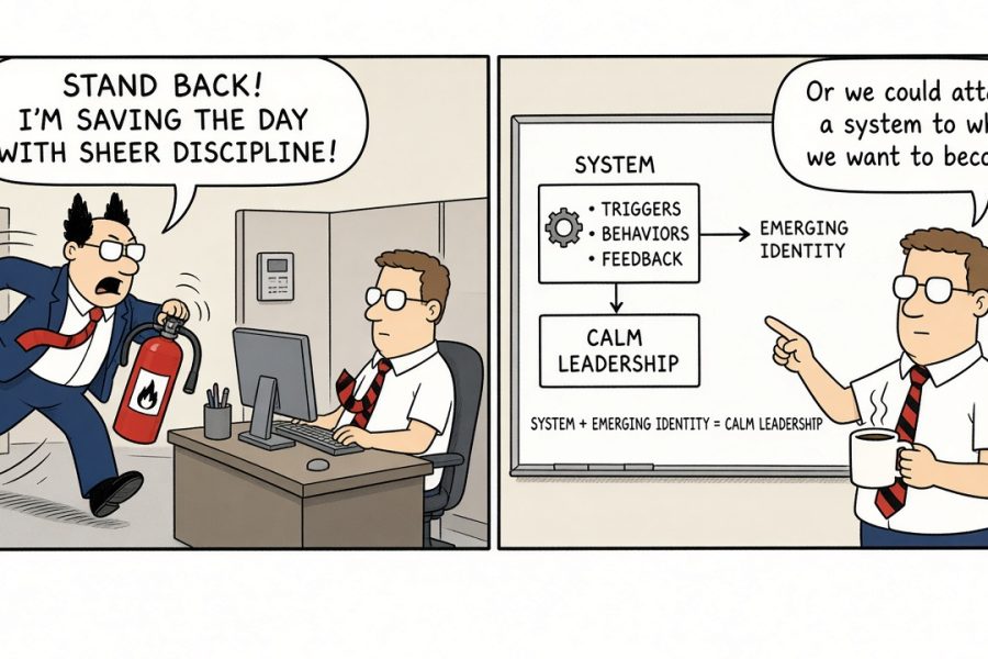 Two-panel office comic comparing sheer-discipline firefighting with System + Emerging Identity = Calm Leadership — Momentum People Solutions